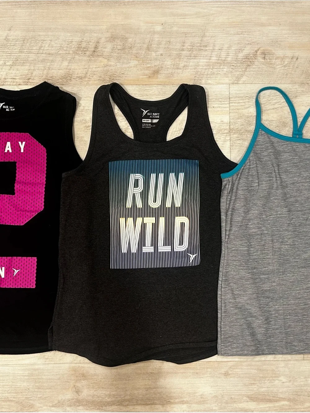Old Navy Athletic Tanks Lot of 3: 'Run Wild' Racerback, ‘Play 2 Win’ Tank, Grey